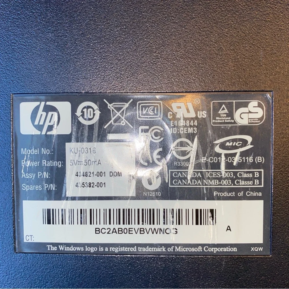 HP USB Wired Keyboard Black/Silver, Model KU-0316 OEM Works